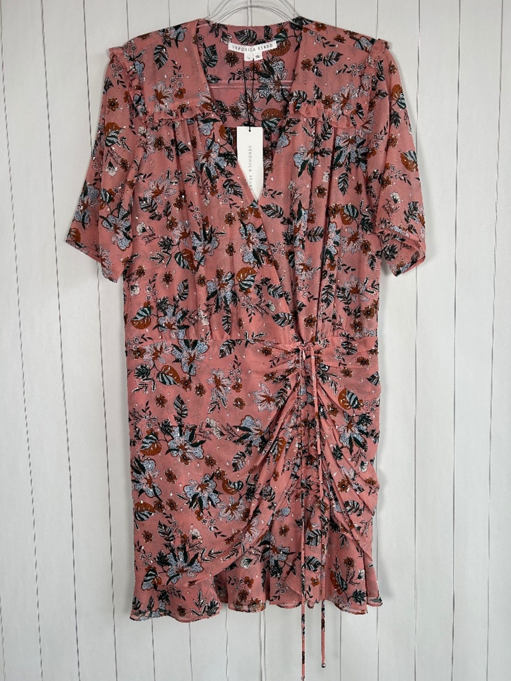 Veronica Beard size 12 Dakota dress pink floral silk v-neck ruched short NEW
